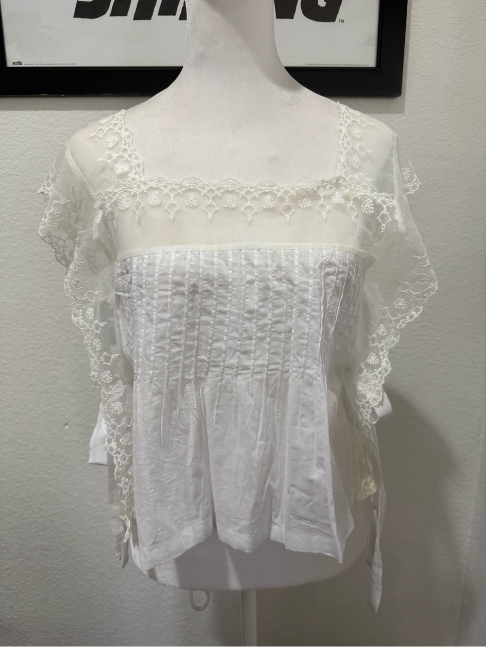 White Lace Yoke Pintuck Women's Top